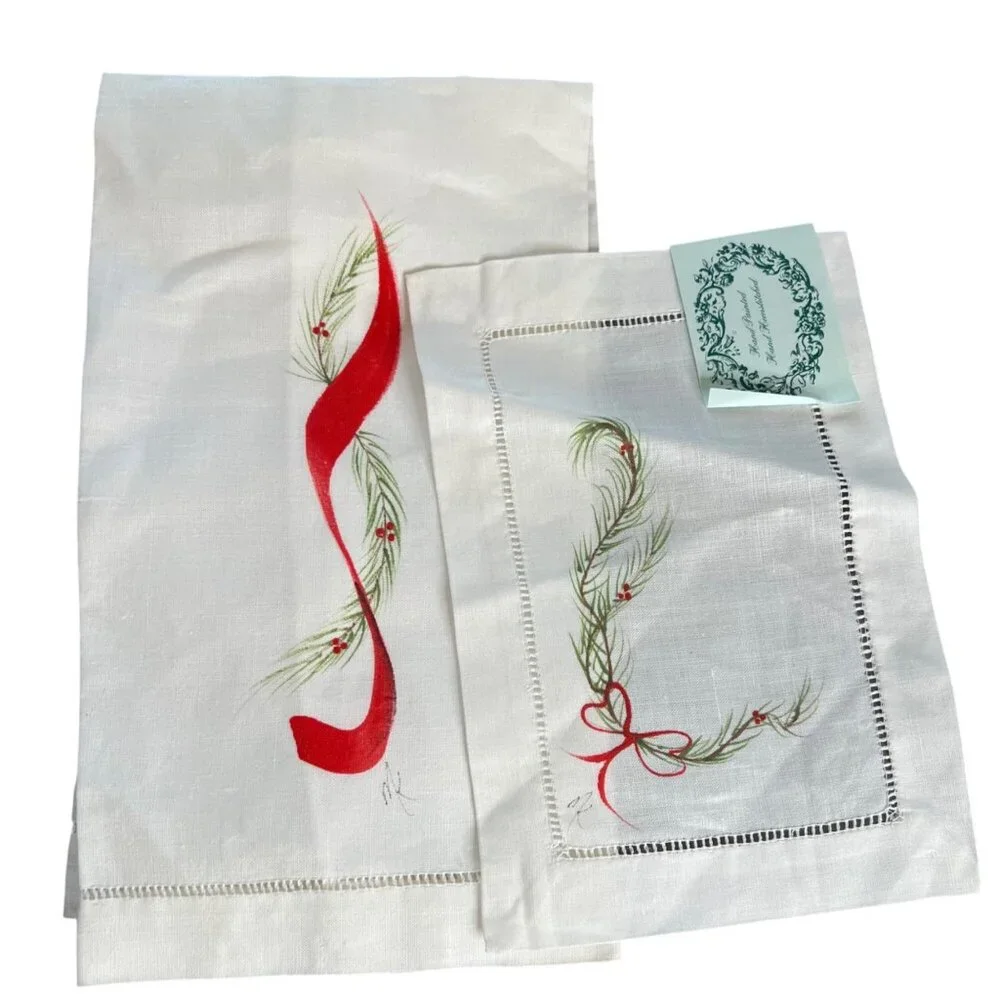 New Hand-Painted Holiday Linen Guest Towels With Hemstitch Design